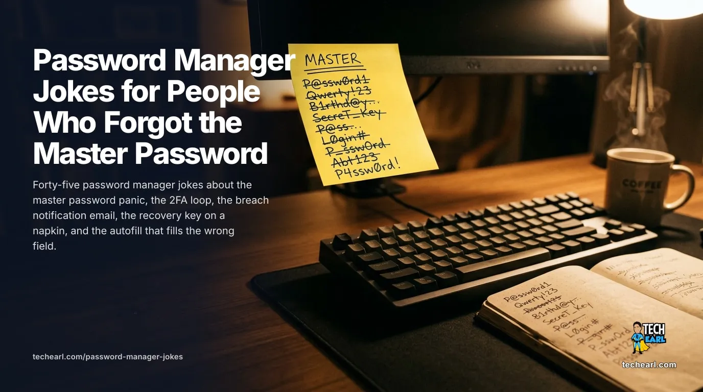 45 Password Manager Jokes for People Who Forgot the Master Password Forty-five password manager jokes about master password panic, 2FA loops, breach emails, the recovery key on a napkin, and the autofill that picked the wrong field.