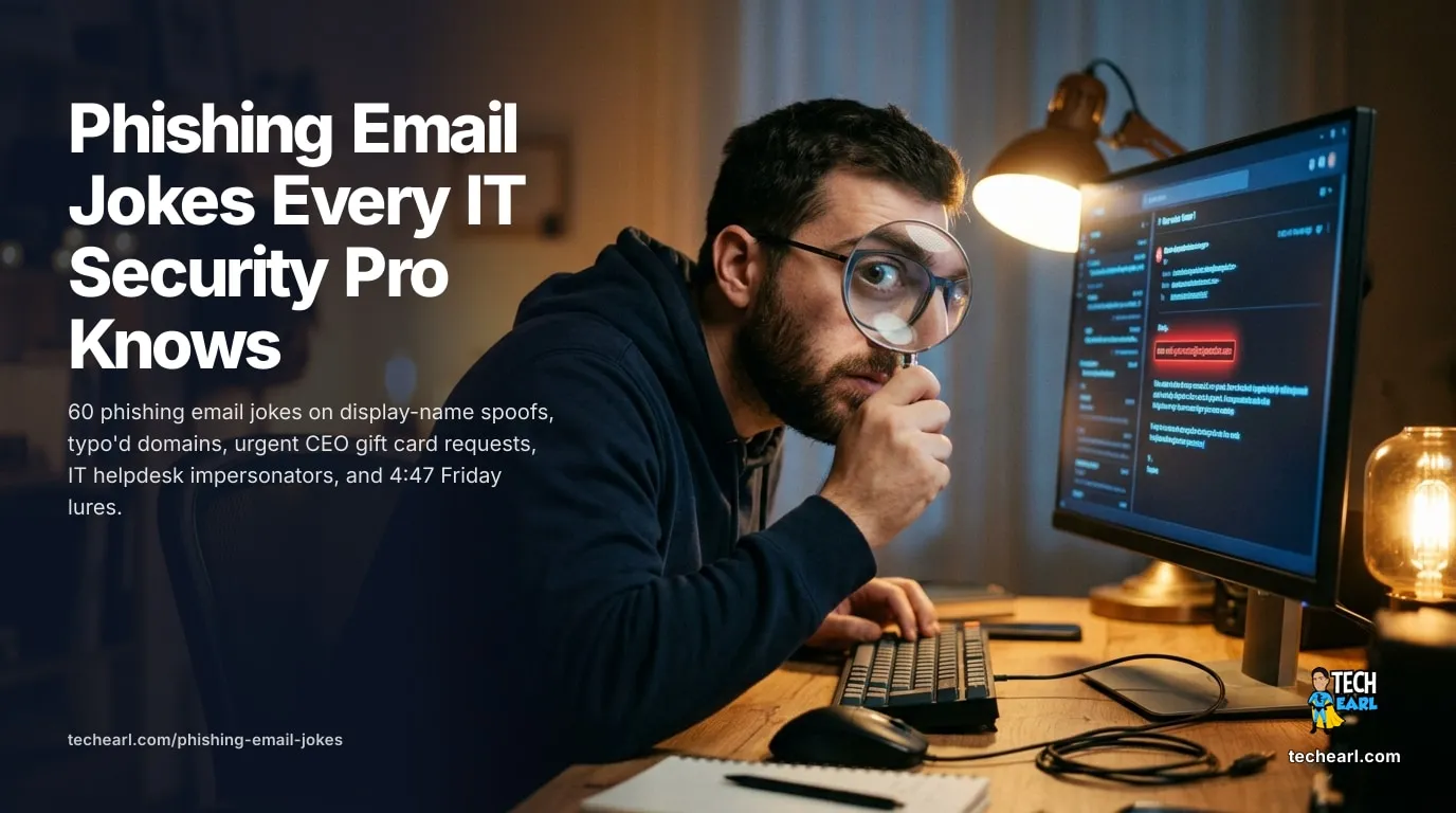 60 phishing email jokes for IT security pros on display-name spoofs, typo'd domains, CEO gift card scams, IT helpdesk impersonators, and Friday lures.