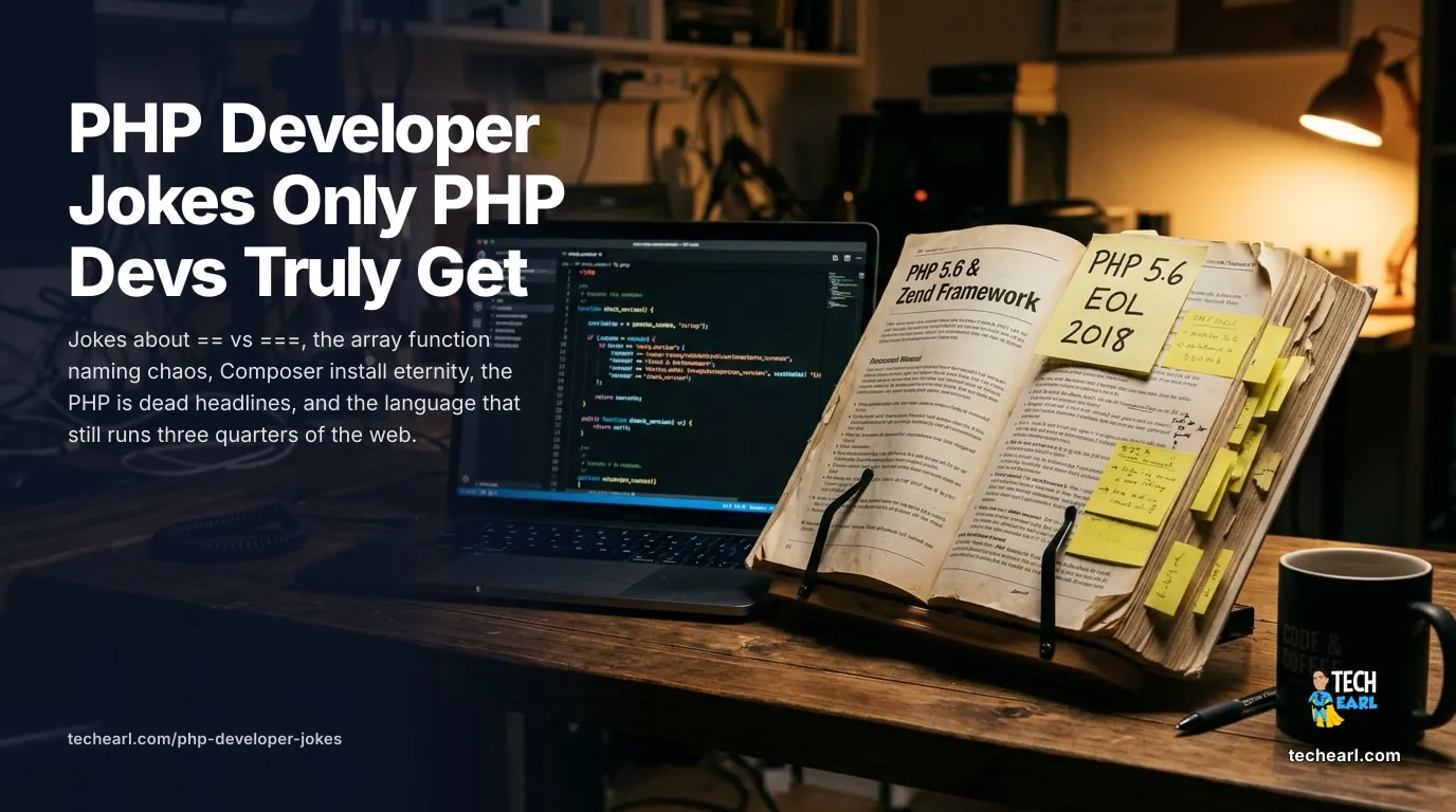 PHP developer humor collection cover with elephant silhouette over a terminal grid