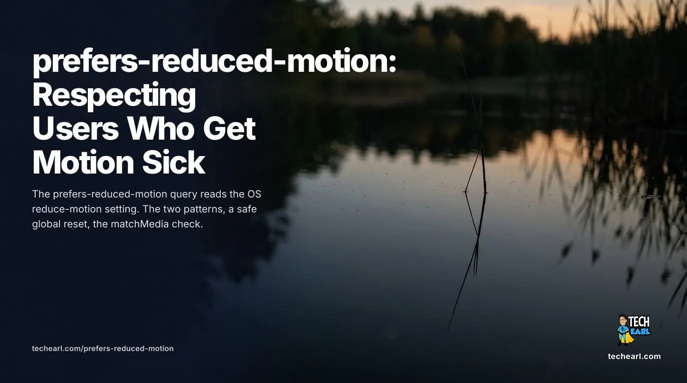 Use the prefers-reduced-motion media query to respect the OS reduce-motion setting: opt-out and opt-in patterns, a safe global reset, the matchMedia check, and scroll-behavior.