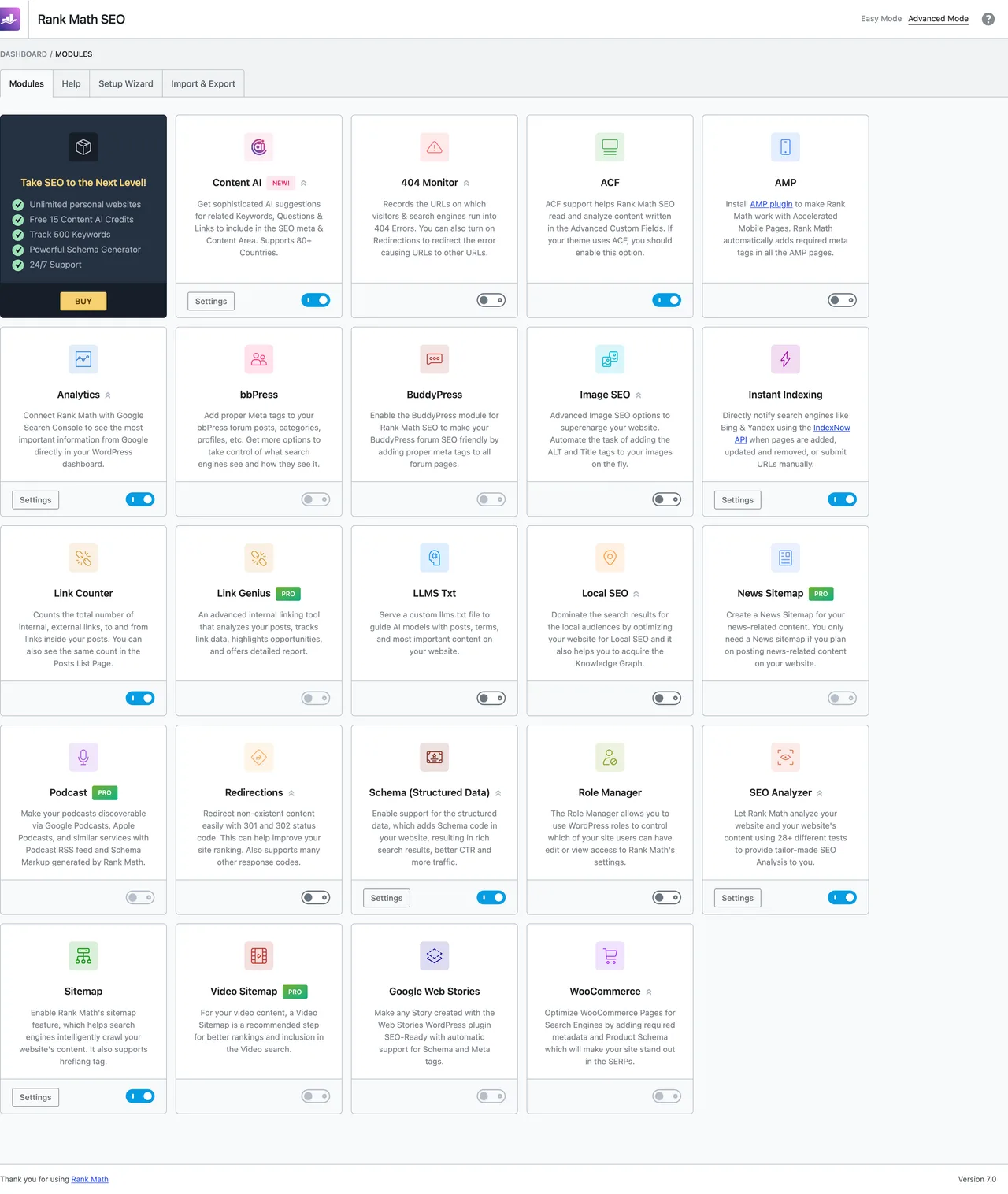 Rank Math free version dashboard showing 20+ feature modules including Content AI, 404 Monitor, ACF integration, Analytics, Image SEO, Instant Indexing, Local SEO, Redirections, Schema, SEO Analyzer, Sitemap, WooCommerce SEO and more, each with on/off toggle