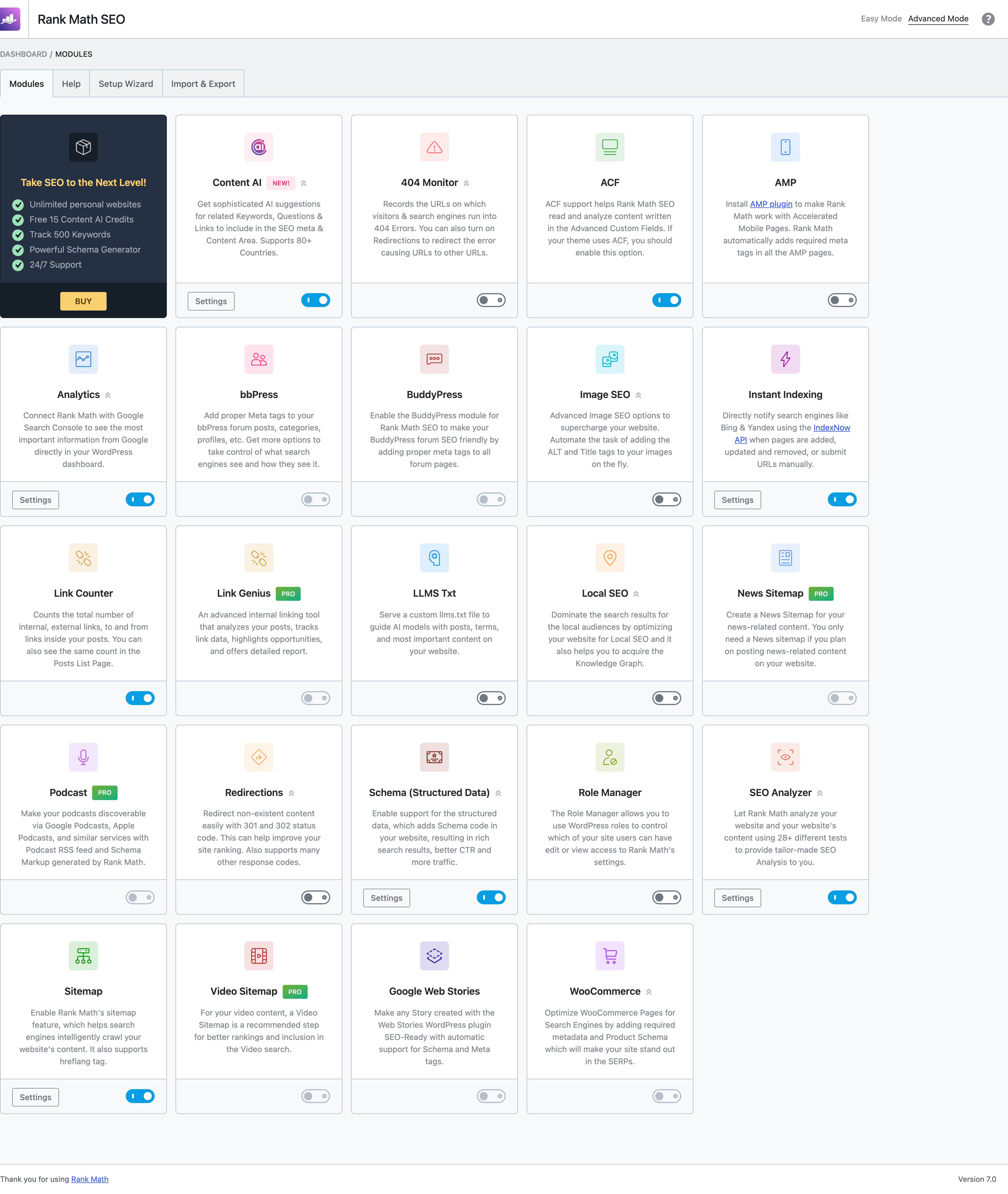 Rank Math free version dashboard showing 20+ feature modules including Content AI, 404 Monitor, ACF integration, Analytics, Image SEO, Instant Indexing, Local SEO, Redirections, Schema, SEO Analyzer, Sitemap, WooCommerce SEO and more, each with on/off toggle