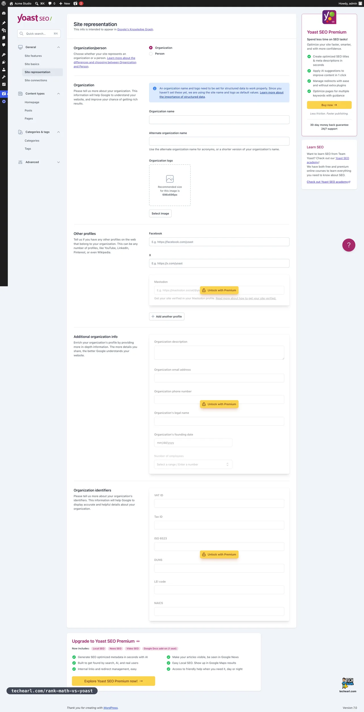Yoast SEO free version Site Representation settings page in WordPress, showing the Organization profile fields and the persistent Yoast SEO Premium upsell sidebar on the right