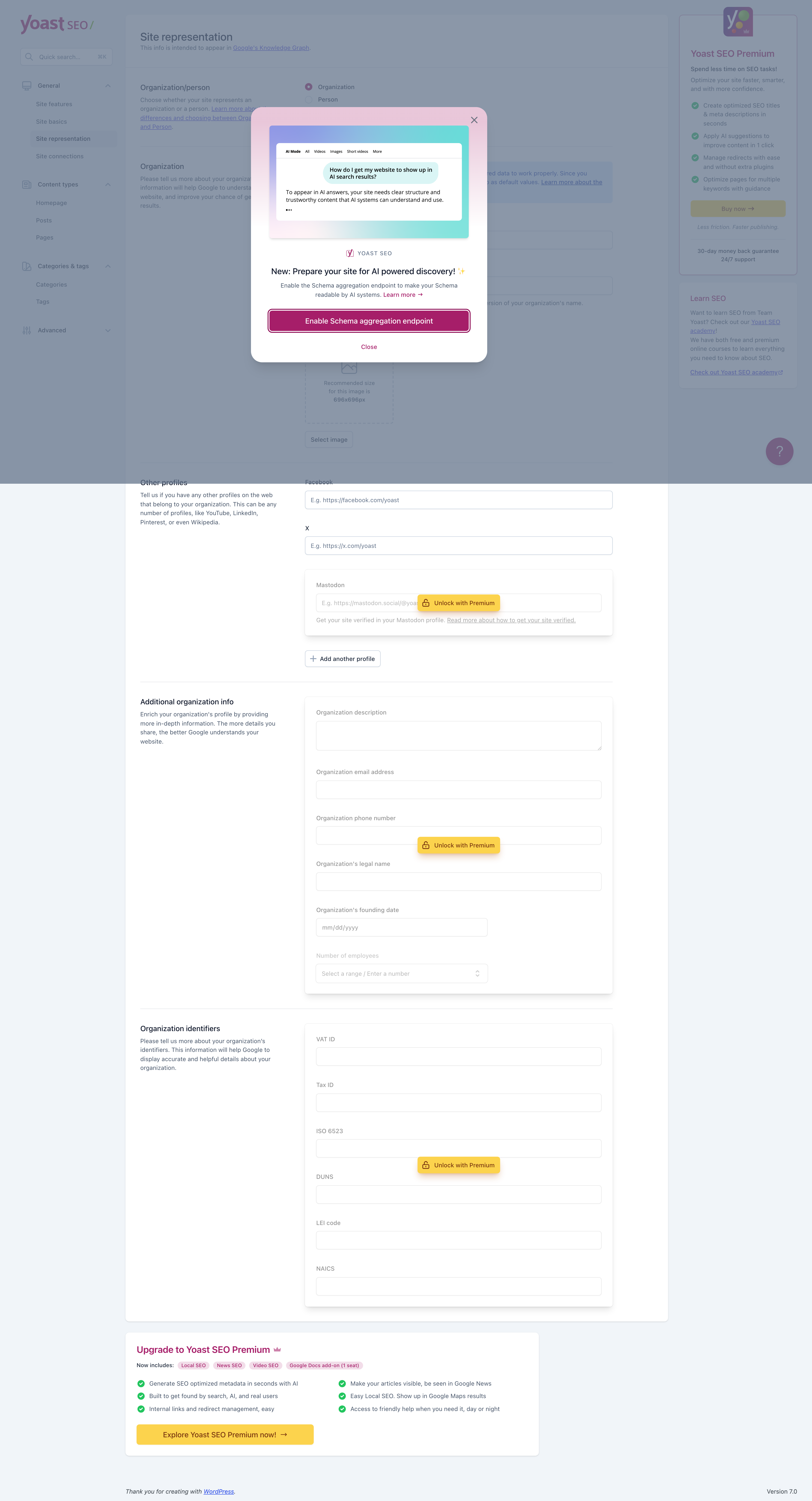 Yoast SEO free version dashboard showing the Site Representation settings page with persistent Yoast SEO Premium upsell sidebar on the right and a 'Prepare your site for AI-powered discovery' modal popup with an 'Unlock with Premium' call to action