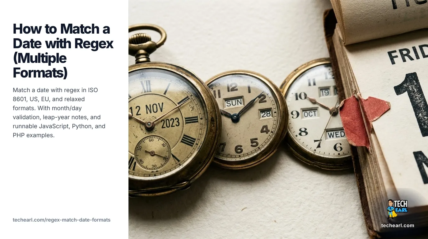 Match a Date with Regex: ISO 8601, US, EU, and Time (2026) Match a date with regex in ISO 8601, US (MM/DD/YYYY), EU (DD/MM/YYYY), and relaxed forms. Month/day validation, leap-year note. JavaScript / Python / PHP examples, engine notes, common mistakes.