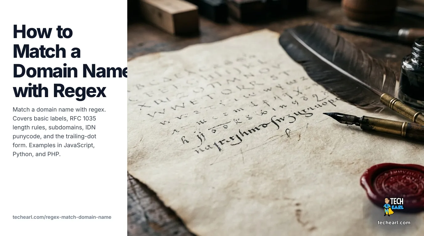 Match a Domain Name with Regex: RFC 1035 and IDN-Aware (2026) Match a domain name with regex. Basic labels, RFC 1035 length rules, subdomains, IDN punycode, trailing-dot form, JavaScript / Python / PHP examples, engine notes, and common mistakes.
