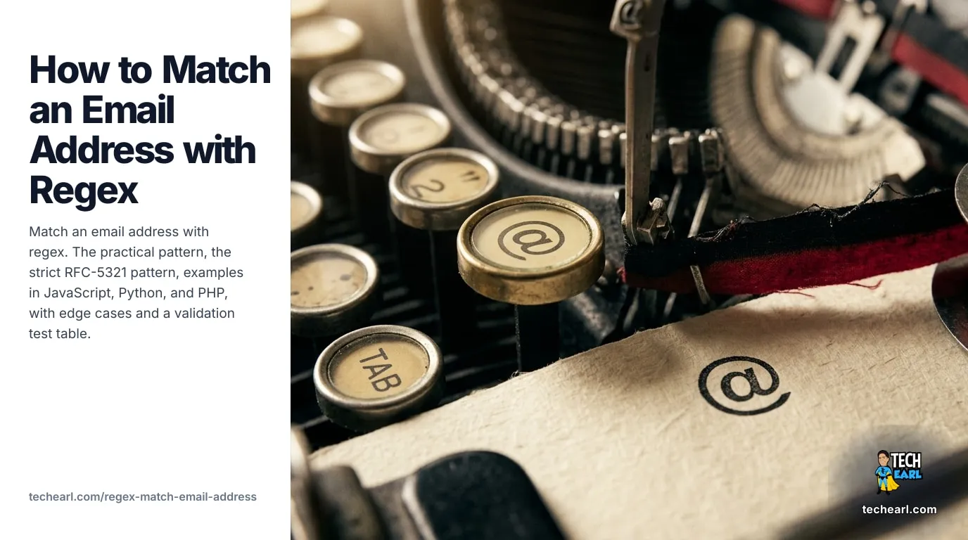 Match an Email Address with Regex: The Pragmatic Pattern (2026) Match an email address with regex. Practical pattern, strict RFC 5321 pattern, JavaScript / Python / PHP examples, edge cases, engine compatibility, common mistakes, and a test table.