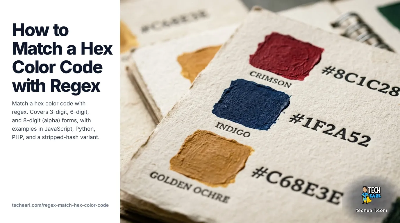 Match a Hex Color Code with Regex: 3, 6, and 8-Digit Forms (2026) Match a hex color code with regex. 3-digit, 6-digit, and 8-digit (alpha) forms. Case-insensitive. JavaScript / Python / PHP examples, engine notes, common mistakes, test cases.