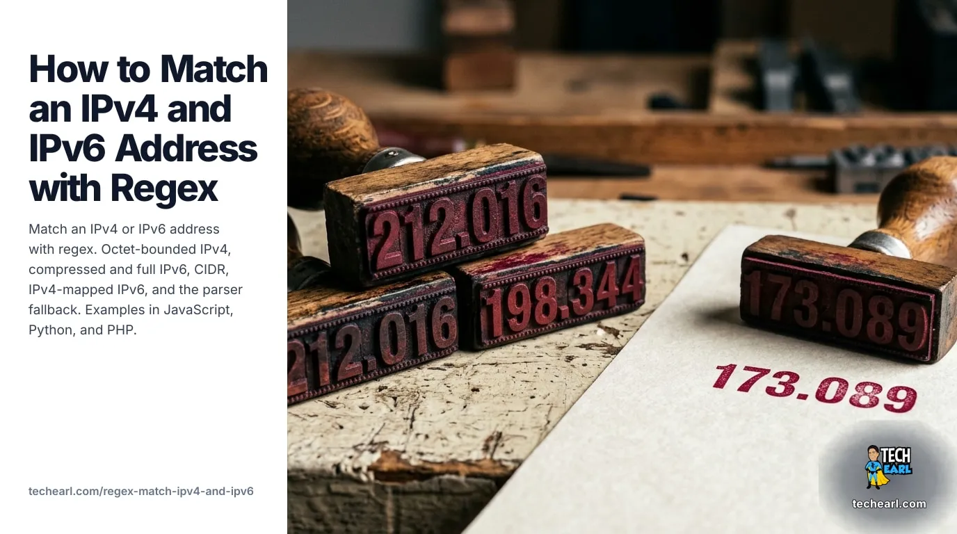 Match an IPv4 or IPv6 address with regex. Octet-bounded IPv4, compressed/full IPv6, CIDR, mapped IPv6, parser fallback. JavaScript / Python / PHP examples, engine notes, common mistakes.