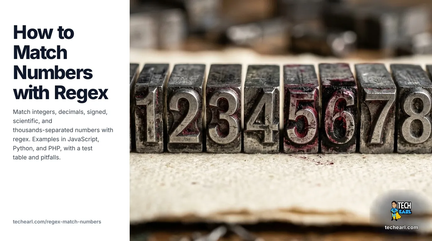 Match Numbers with Regex: Integer, Decimal, Signed, Scientific (2026) Match integers, decimals, signed, scientific, thousands-separated, currency, and percent numbers with regex. JavaScript / Python / PHP examples, engine notes, common mistakes, test table.