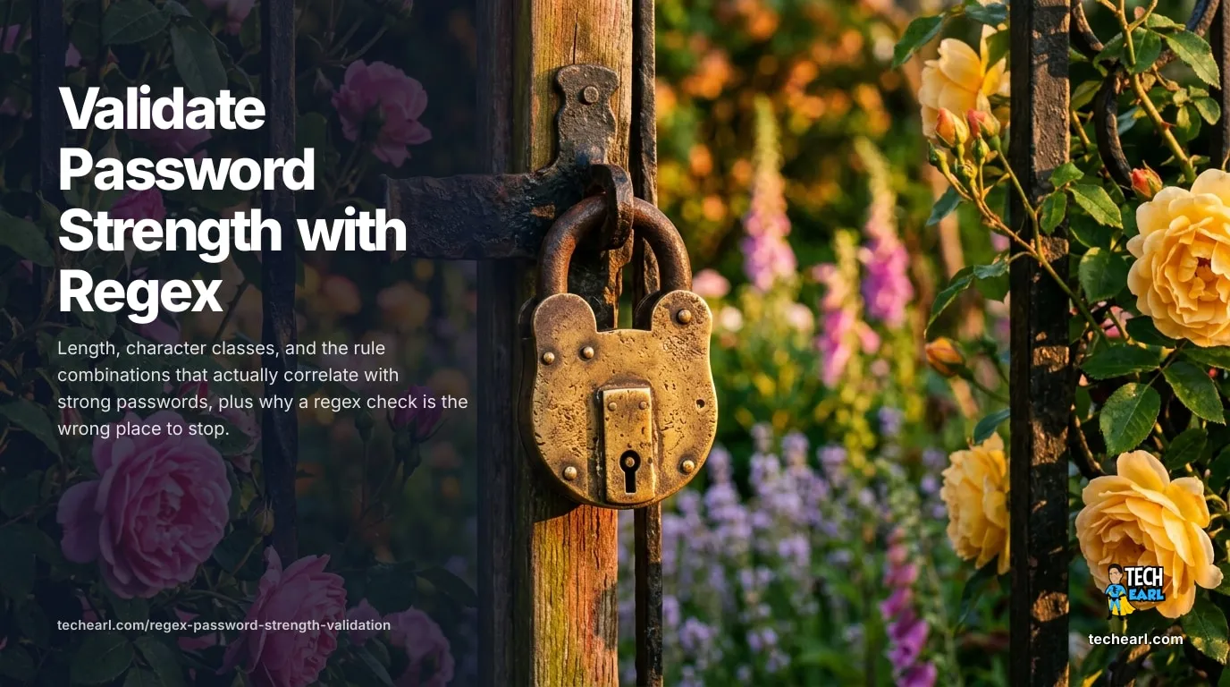 Password Strength Regex: Validate with Lookaheads Password format validation with regex: length, character classes, full-string checks, Unicode, and the limits of regex for assessing strength.