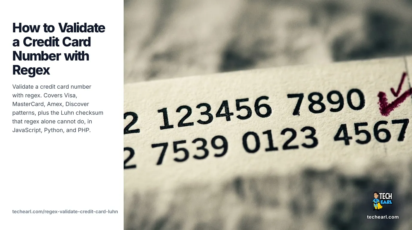 Validate a Credit Card Number with Regex and Luhn (2026) Validate a credit card number with regex: Visa, MasterCard, Amex, Discover, Diners, JCB. Plus the Luhn checksum. JavaScript / Python / PHP examples, engine notes, common mistakes, test cases.