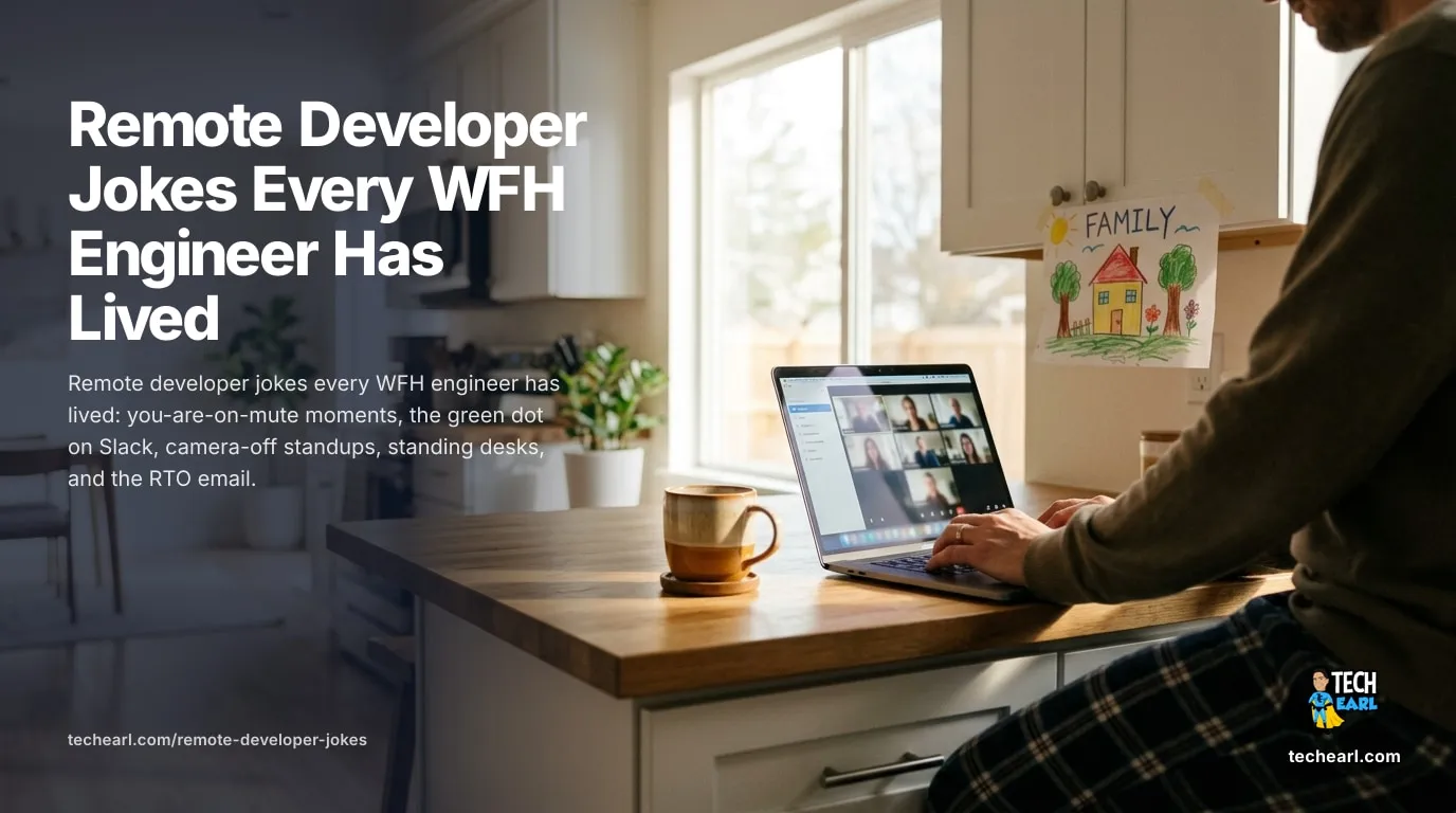 Remote developer humor covering home offices, async standups, the cat on the keyboard, the green dot on Slack, camera-off culture, and the RTO email.