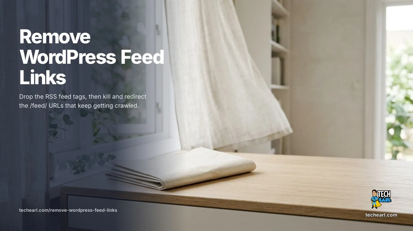 How to remove WordPress feed links: a remove_action snippet that strips feed_links and feed_links_extra from the head, plus removing the /feed/ rewrite rules and 301-redirecting the URLs.