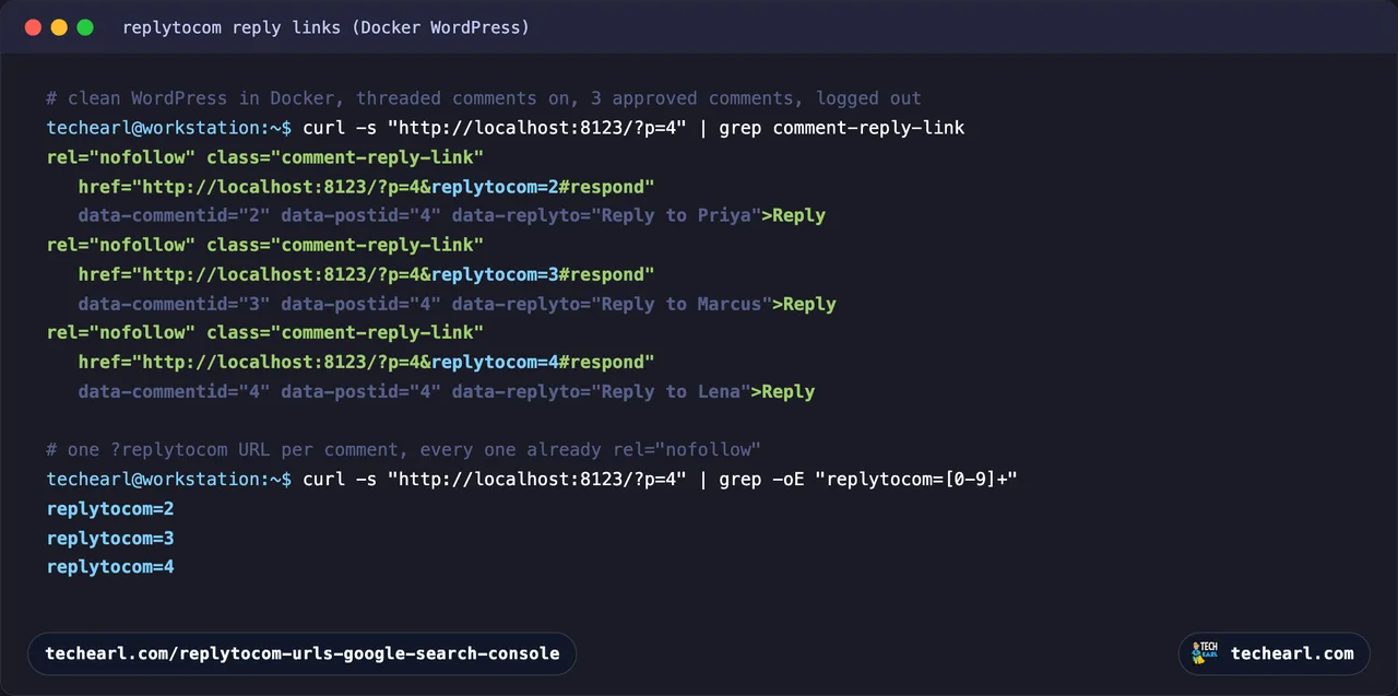 Terminal showing curl of a WordPress post piped to grep replytocom, revealing several reply-link hrefs each with a different replytocom comment ID and rel=nofollow