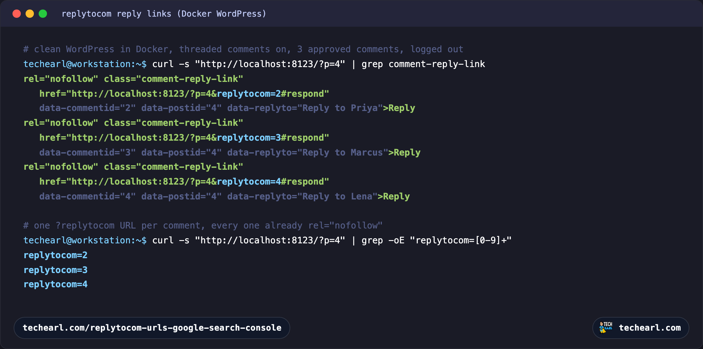 Terminal showing curl of a WordPress post piped to grep replytocom, revealing several reply-link hrefs each with a different replytocom comment ID and rel=nofollow