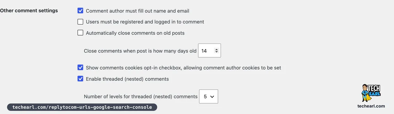 WordPress Settings Discussion screen, Other comment settings, with the 'Enable threaded (nested) comments' checkbox ticked and the number of levels set to 5