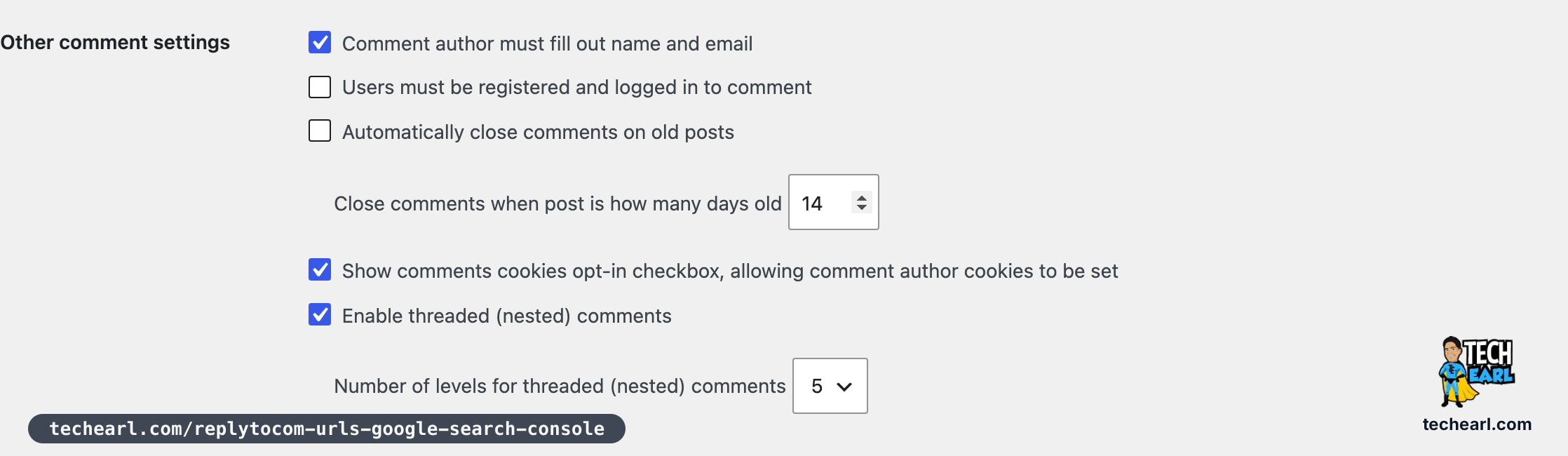 WordPress Settings Discussion screen, Other comment settings, with the 'Enable threaded (nested) comments' checkbox ticked and the number of levels set to 5
