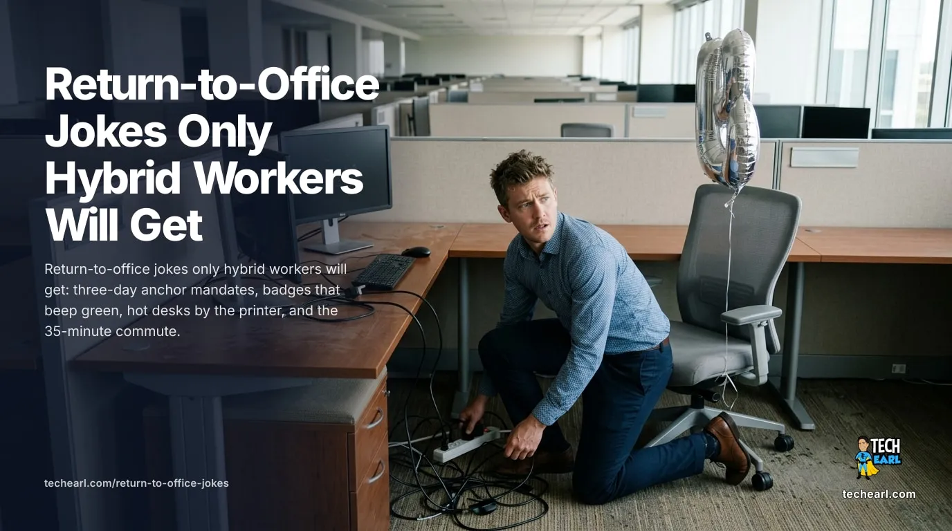Return-to-office humor covering RTO mandates, hot desks, the commute nobody missed, badges that beep green, and all-hands about in-person collaboration.
