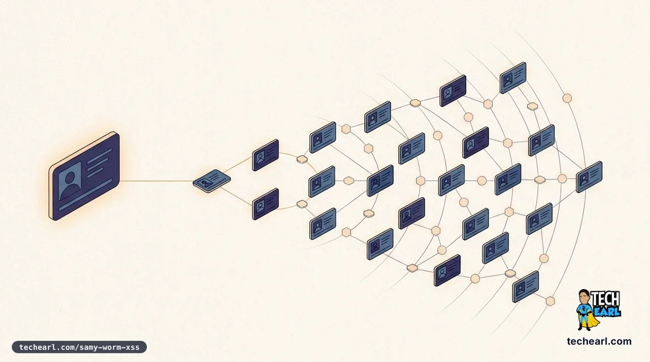 Editorial illustration of the Samy worm: one glowing profile card on the left replicating in expanding ripples across a web of many connected profile cards, each newly lit.