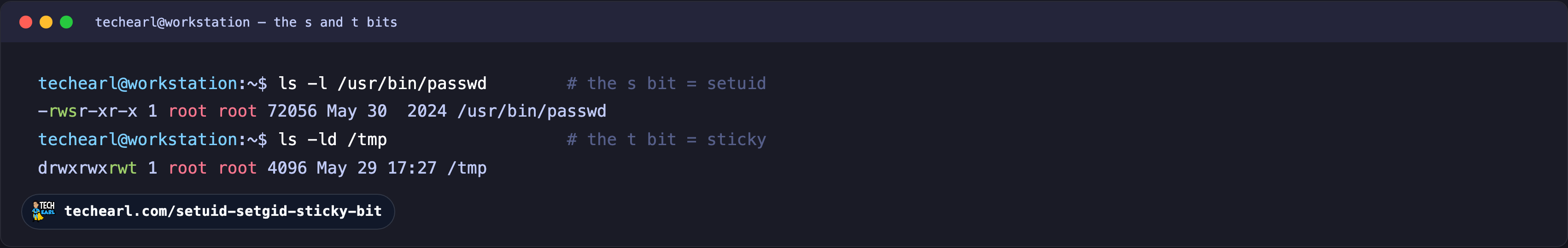 The s and t bits in ls -l Terminal showing ls -l of /usr/bin/passwd with rws (setuid) and ls -ld of /tmp with a trailing t (sticky bit).