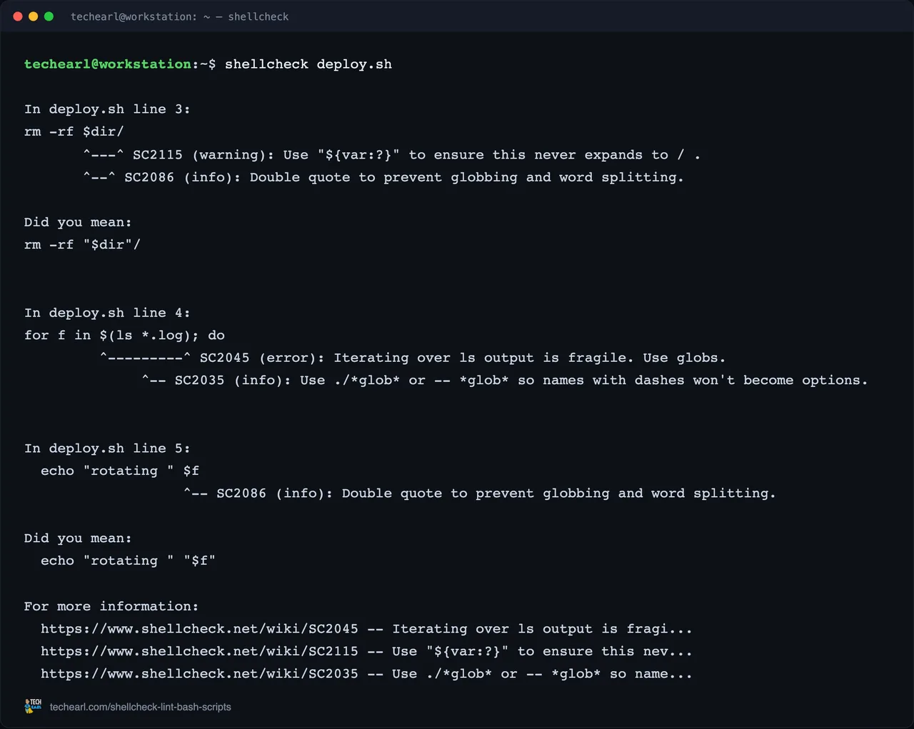 ShellCheck output flagging an unquoted variable, a fragile ls loop, and a glob-as-option risk, each finding tagged with its SC code and a suggested fix