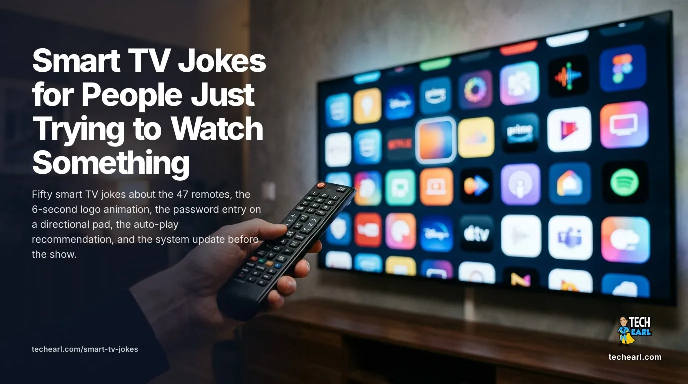 Fifty smart TV jokes about 47 remotes, the 6-second logo animation, password entry on a directional pad, autoplay recommendations, and the system update at 9 p.m.