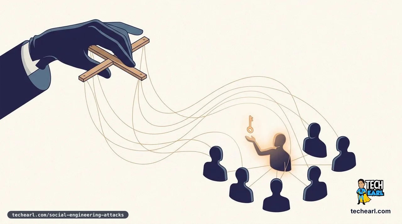 Editorial illustration of social engineering: an elegant hand working marionette control bars whose strings descend onto a small crowd of identical user silhouettes, one of which glows as it hands up a glowing key.