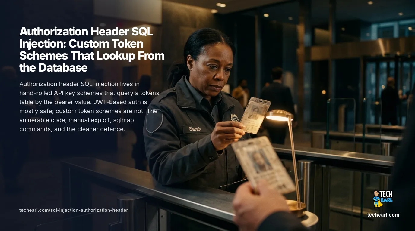 Authorization-header SQL injection in hand-rolled API key schemes. Vulnerable token-lookup code, manual exploit, sqlmap, migration to safer auth.