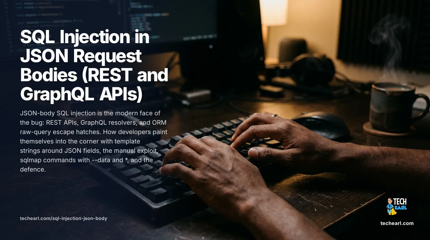JSON-body SQL injection in REST APIs, GraphQL resolvers, ORM raw-query calls. Vulnerable code, curl exploit, sqlmap commands with --data, defence.