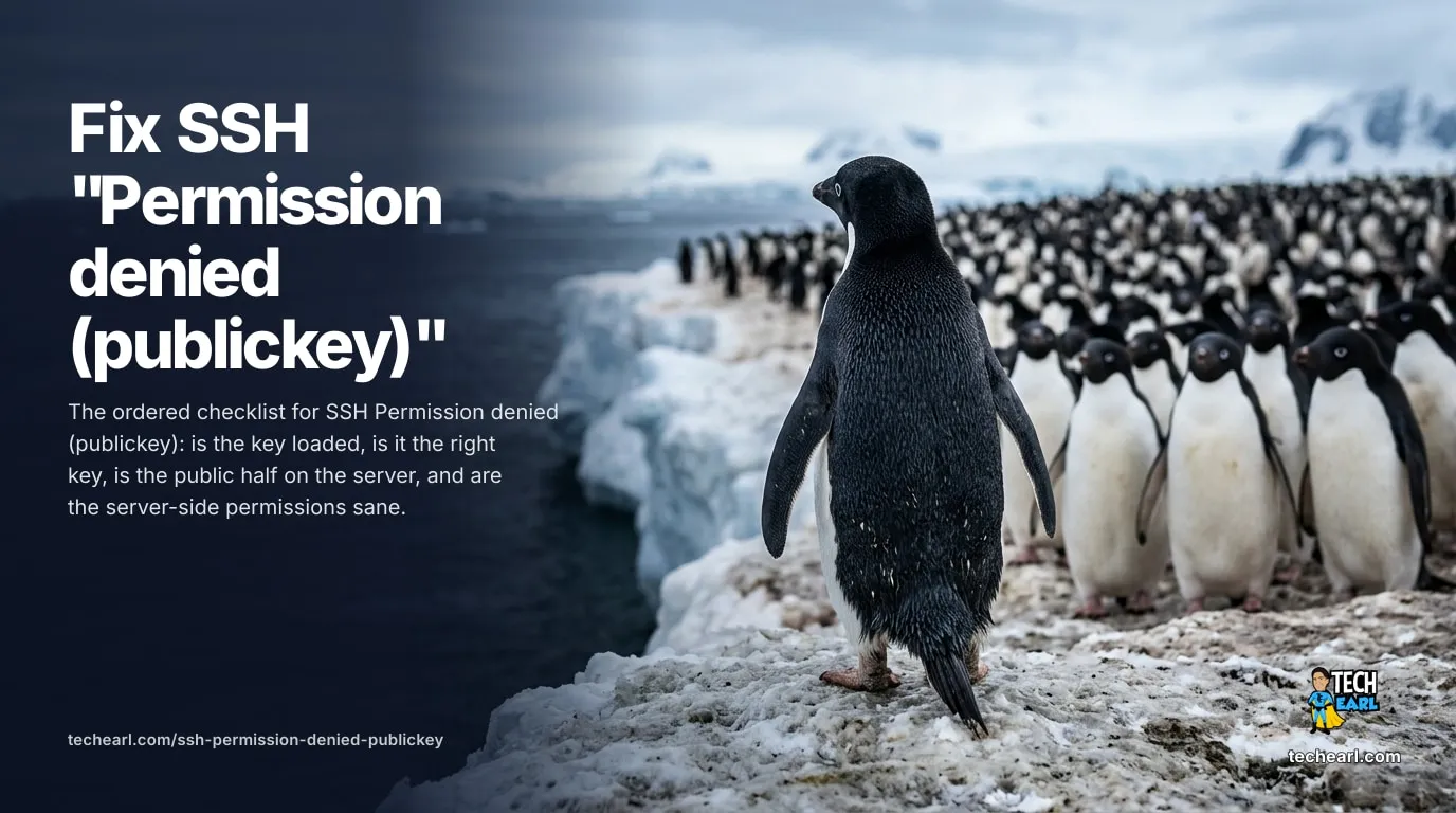 Fix SSH Permission denied (publickey) Why SSH rejects your key with Permission denied (publickey) and the ordered checklist that fixes it: agent, identity file, server authorized_keys, and permissions.