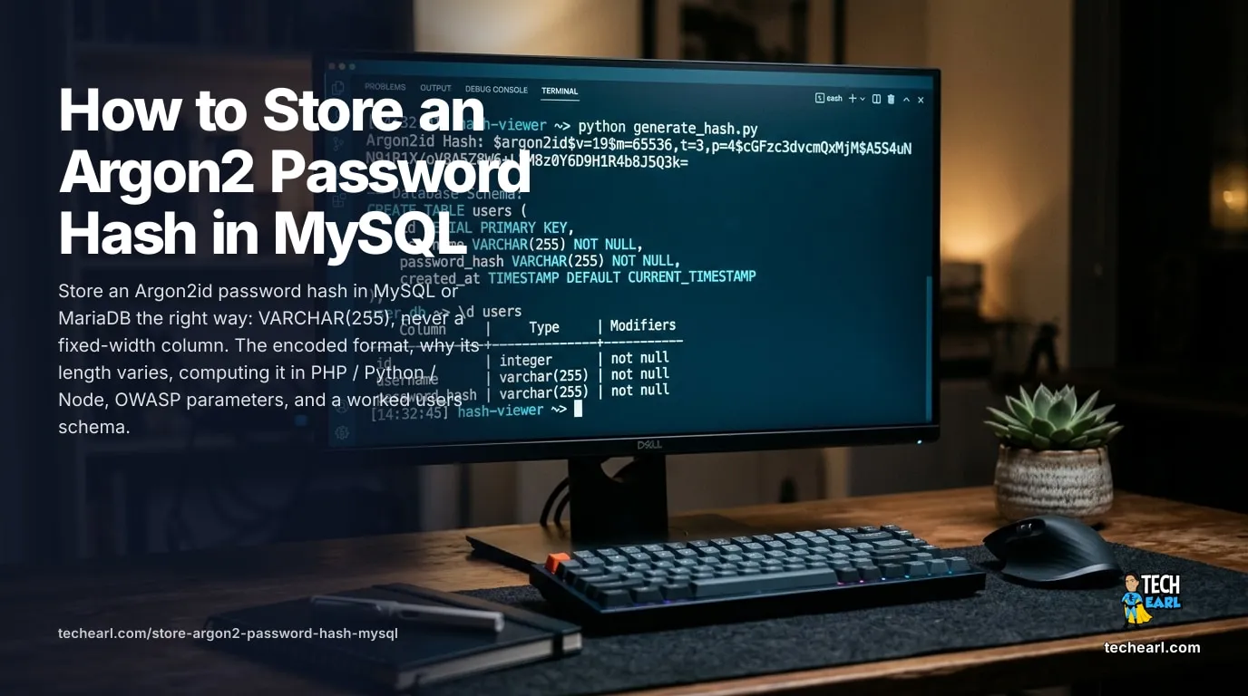 Store an Argon2 Password Hash in MySQL: VARCHAR(255) (2026) How to store an Argon2id password hash in MySQL: use VARCHAR(255) for the variable-length encoded string, never a fixed CHAR(60), with the hash computed in the application via PHP password_hash, Python argon2-cffi, or the Node argon2 package.