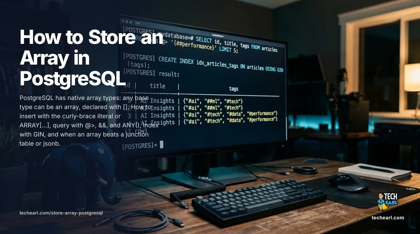 How to store an array in PostgreSQL: native array column types declared with [], the curly-brace and ARRAY[...] literal forms, containment and overlap queries with @> and &&, ANY() membership, and a GIN index.