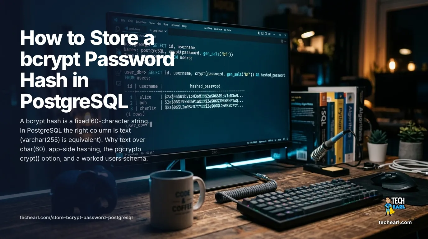Store a bcrypt Password Hash in PostgreSQL: text vs varchar (2026) How to store a bcrypt password hash in PostgreSQL: the 60-character modular-crypt format, why text beats char(60), app-side hashing, the pgcrypto crypt() and gen_salt('bf') option, and a worked users-table schema.