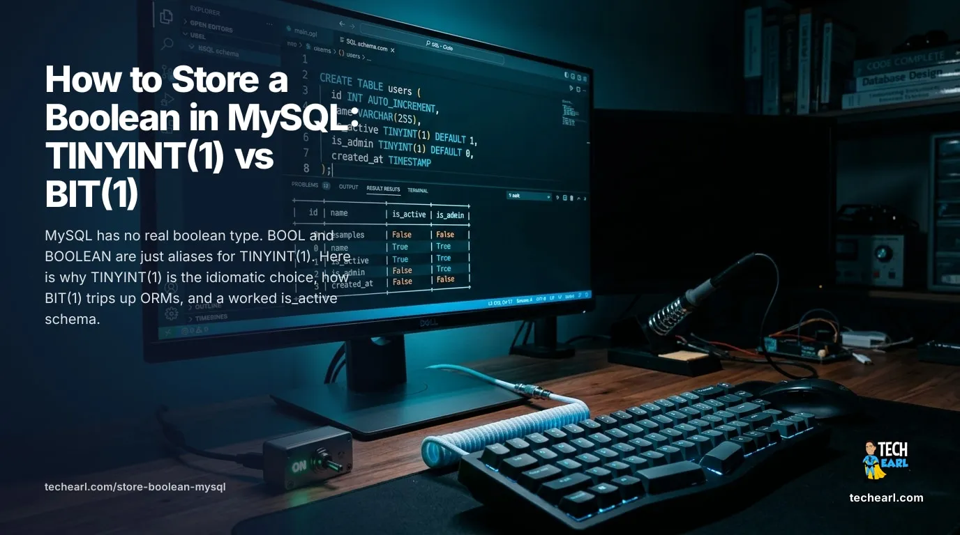 How to store a boolean in MySQL: BOOL and BOOLEAN are aliases for TINYINT(1), why TINYINT(1) beats BIT(1), ENUM('Y','N'), and CHAR(1), plus a worked is_active schema with NOT NULL DEFAULT.