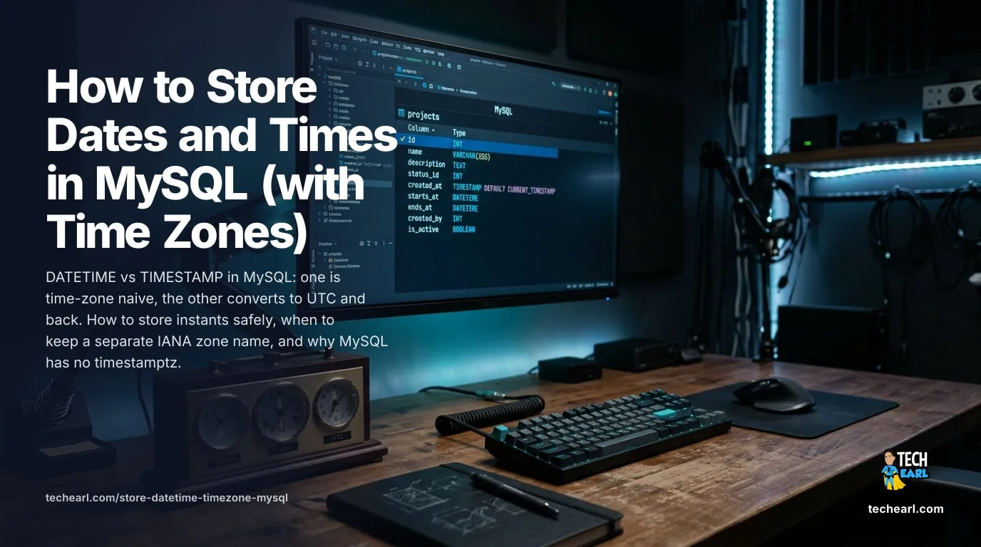 How to store dates and times in MySQL with time zones: DATETIME (no conversion) versus TIMESTAMP (session-zone to UTC and back), why there is no timestamptz, and a worked events-table schema with an IANA zone column and CONVERT_TZ.