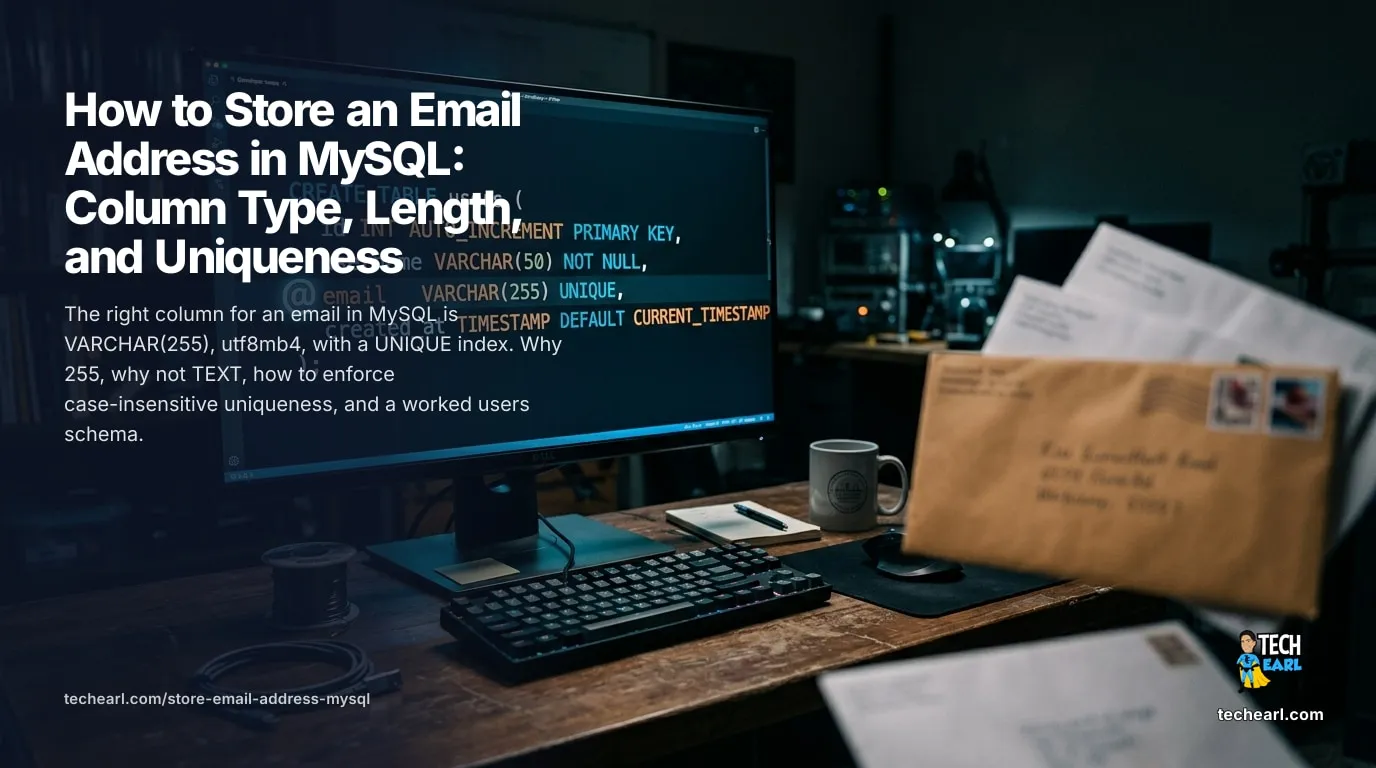 Store an Email Address in MySQL: VARCHAR(255), utf8mb4, UNIQUE (2026) How to store an email address in MySQL: VARCHAR(255) versus VARCHAR(320), TEXT, and CHAR, the utf8mb4 charset, a UNIQUE index for case-insensitive uniqueness, and a worked users-table schema.