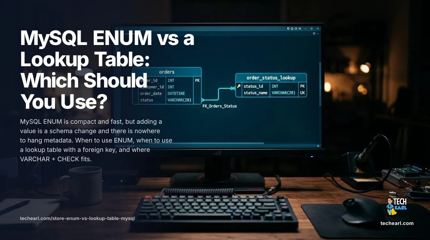 MySQL ENUM vs a Lookup Table: Which to Use (2026) MySQL ENUM vs a lookup table: how ENUM stores values as a 1- or 2-byte index, why adding a value is a schema change, and when a lookup table with a foreign key or a VARCHAR + CHECK constraint is the better model.