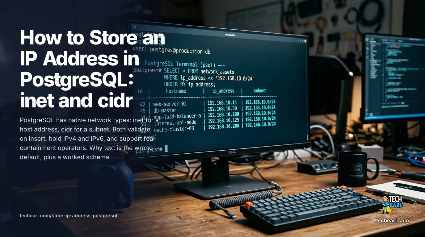 Store an IP Address in PostgreSQL: inet and cidr (2026) How to store an IP address in PostgreSQL with the native inet and cidr types: validation on insert, IPv4 and IPv6 in one column, the containment operators for subnet matching, and a worked access-log schema with a GiST index.