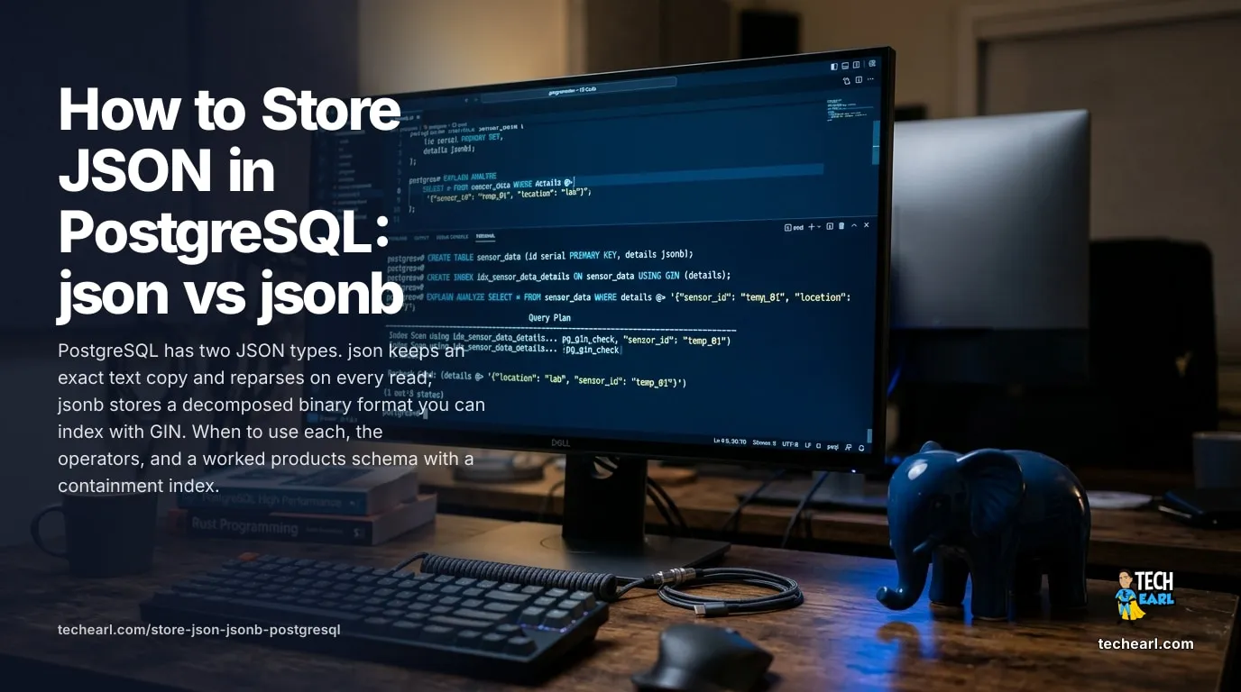 How to store JSON in PostgreSQL: the json type's exact text copy versus the jsonb decomposed binary format, the containment and key-existence operators, and indexing a jsonb column with a GIN index.