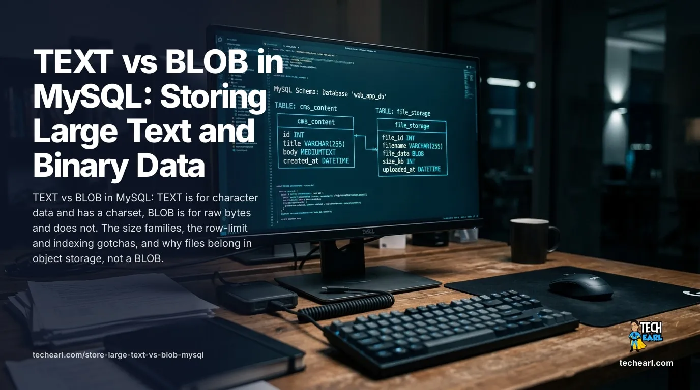 TEXT vs BLOB in MySQL for storing large text and binary data: the TINY/MEDIUM/LONG size families, character set versus raw bytes, the InnoDB row-size limit, prefix indexing, and why files belong in object storage.