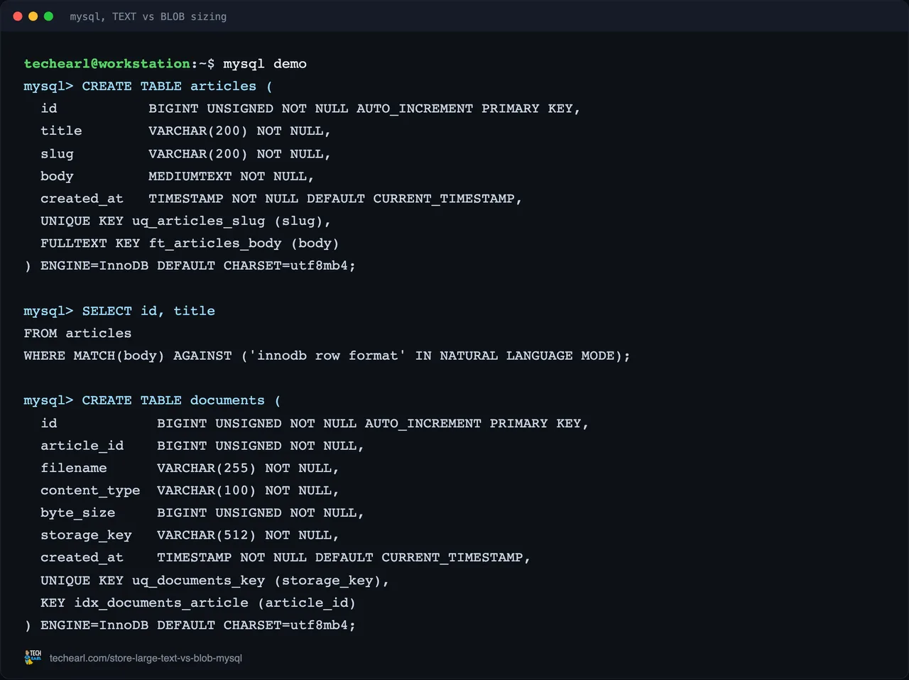 Captured live in MySQL 8 A live MySQL session comparing TEXT and BLOB sizing, showing the create statement and the real query output.