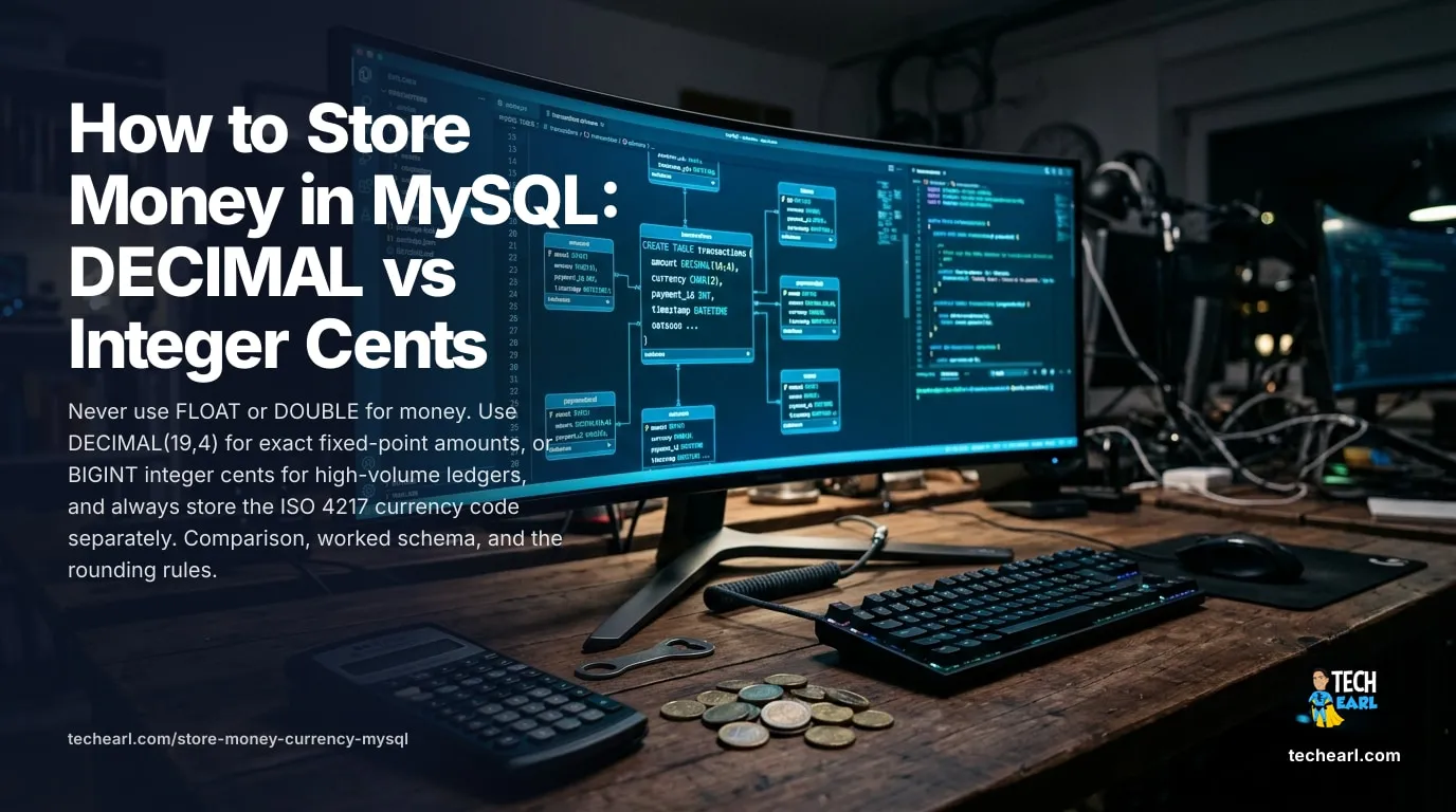 Store Money in MySQL: DECIMAL vs Integer Cents (2026) How to store money in MySQL: why FLOAT and DOUBLE drift, DECIMAL(19,4) for exact fixed-point amounts, BIGINT integer cents for high-volume ledgers, and a separate CHAR(3) ISO 4217 currency column.