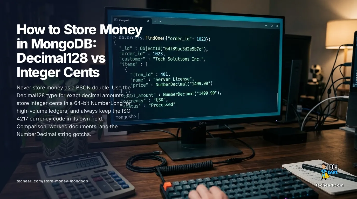 How to store money in MongoDB: why the BSON double drifts, the Decimal128 type for exact decimal amounts, integer cents in a NumberLong for high-volume ledgers, and a separate ISO 4217 currency field.