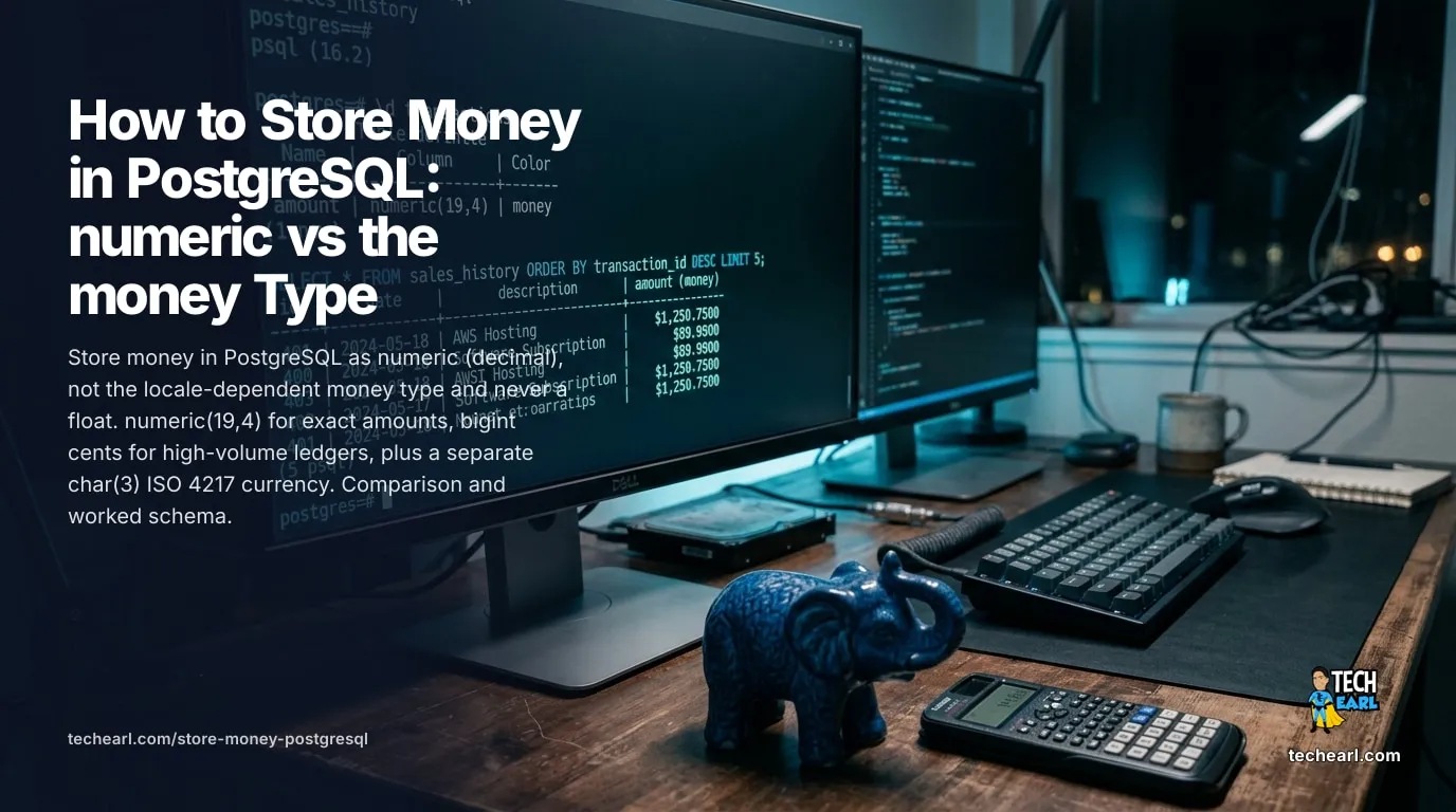 How to store money in PostgreSQL: use numeric(19,4) for exact decimal amounts, avoid the locale-dependent money type, never use real or double precision, and keep a separate char(3) ISO 4217 currency column.