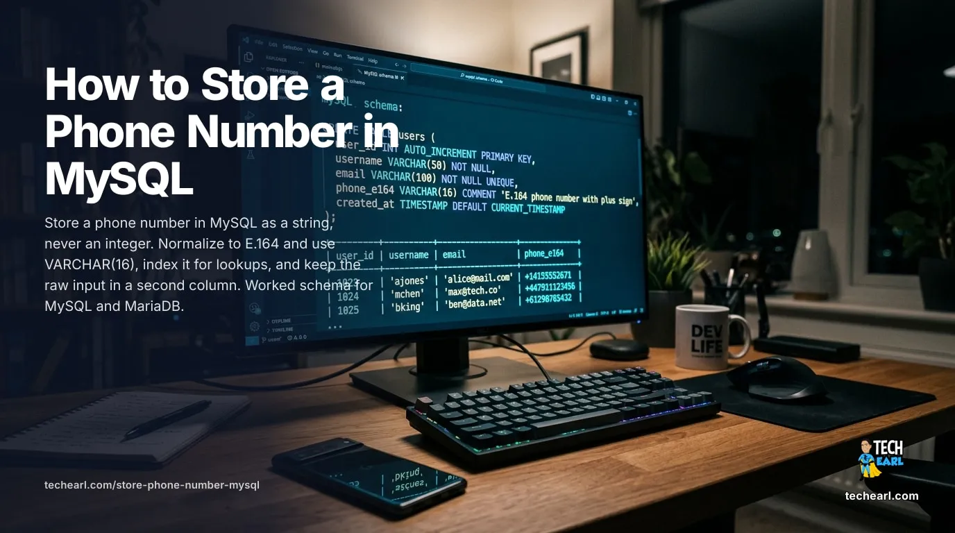 Store a Phone Number in MySQL: VARCHAR(16) and E.164 (2026) How to store a phone number in MySQL: use VARCHAR not an integer, normalize to E.164 format, store it in VARCHAR(16), index for lookups, and keep the raw user input alongside it.