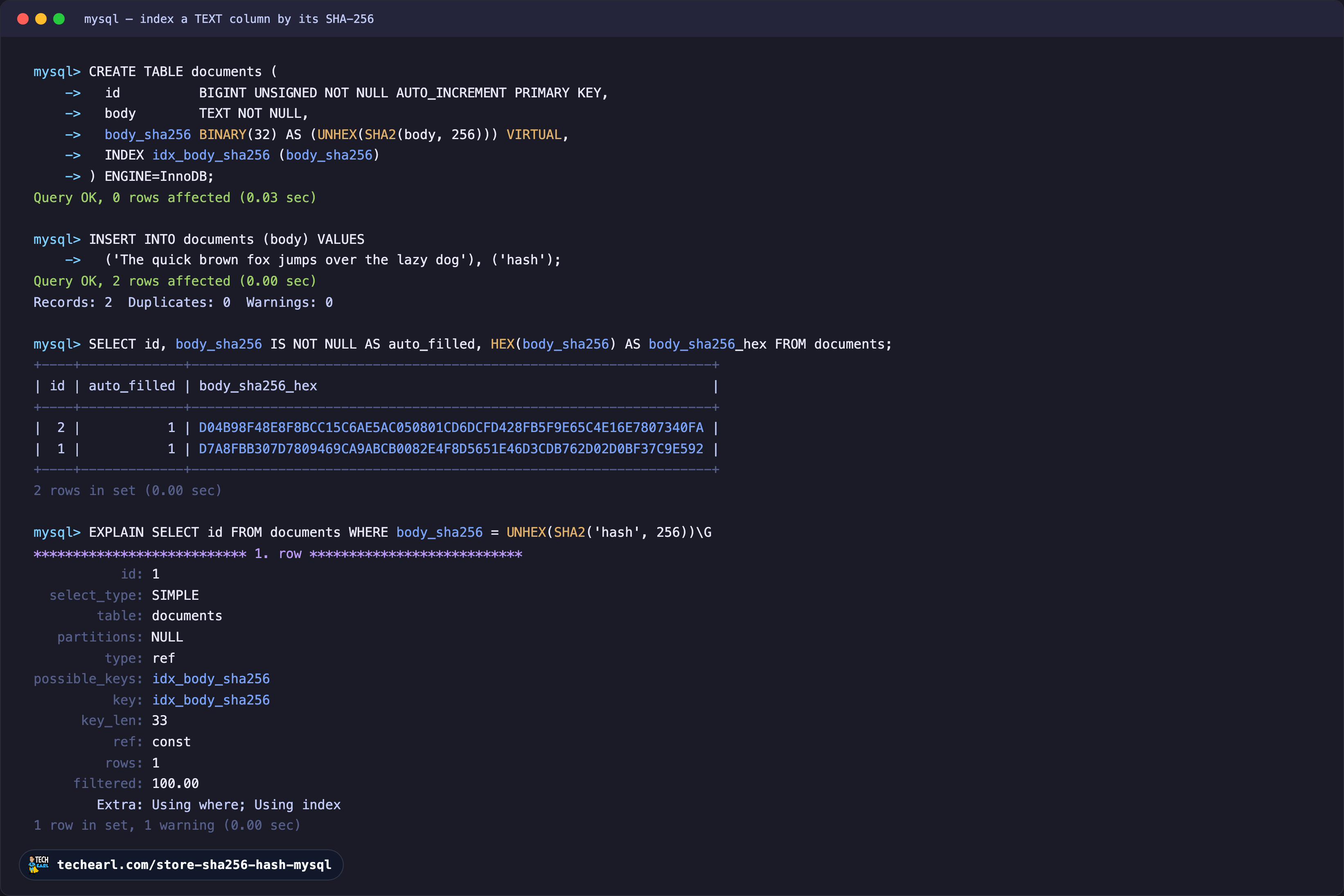 MySQL session creating a VIRTUAL generated column body_sha256 BINARY(32) AS (UNHEX(SHA2(body, 256))) on a TEXT column, the column auto-filling on insert, and an EXPLAIN showing the lookup uses key idx_body_sha256 with type ref.