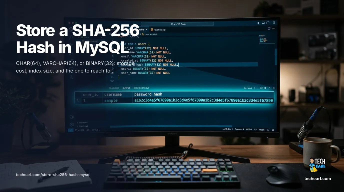 How to store a SHA-256 hash in MySQL with storage and index-size trade-offs: CHAR(64), VARCHAR(64), and the recommended BINARY(32), plus the SHA2() function and indexed generated columns.