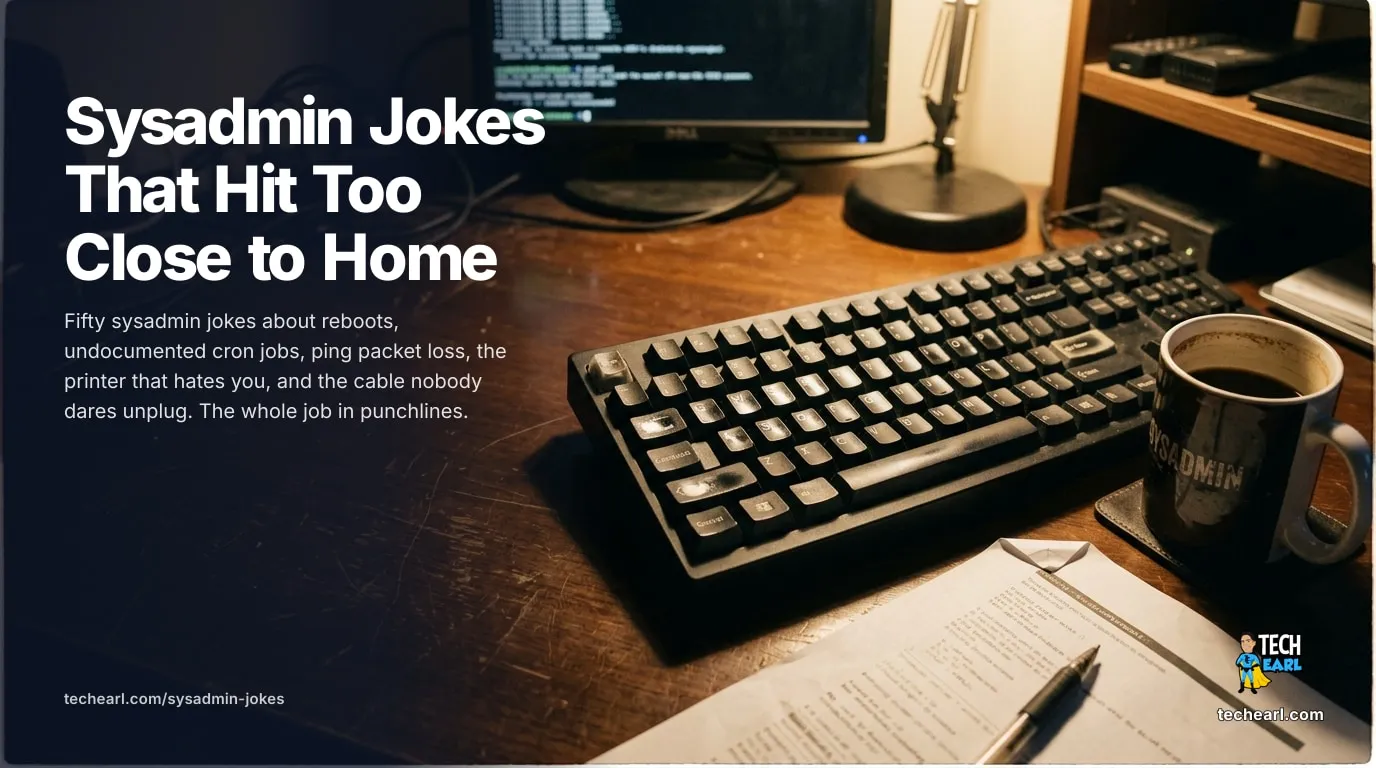Fifty sysadmin jokes covering reboots, ping, DNS, undocumented cron jobs, the cable nobody dares unplug, and on-call at 4 a.m.