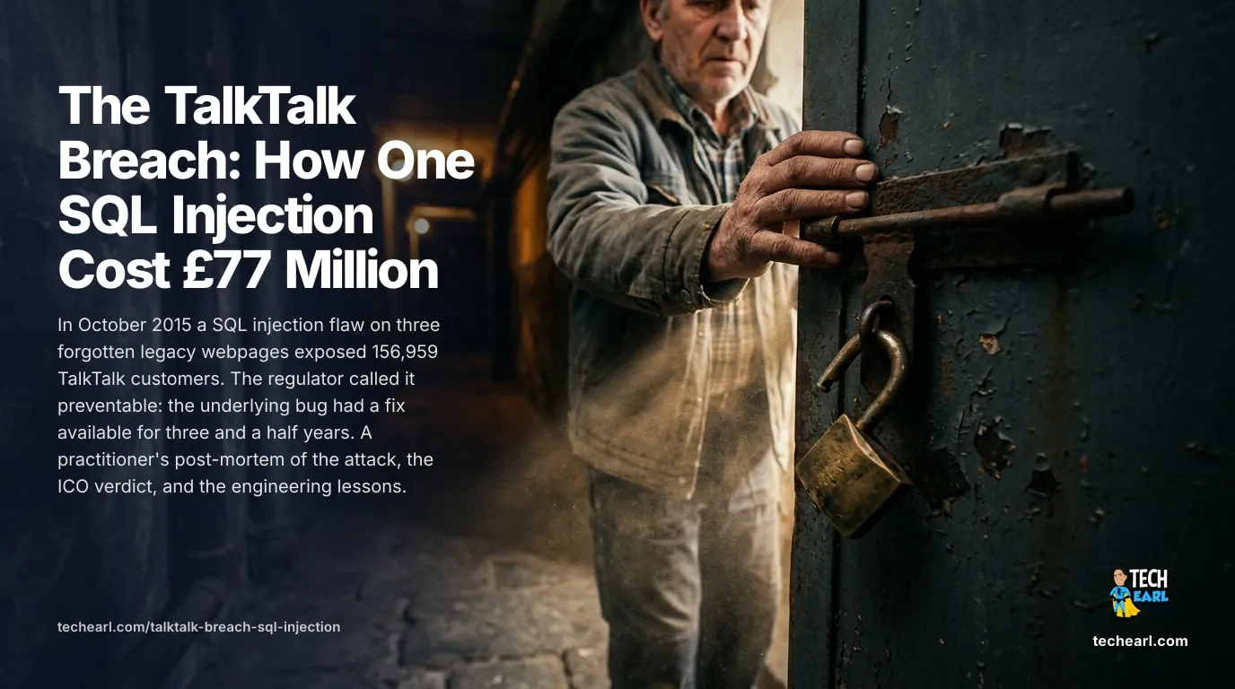 How a SQL injection on legacy TalkTalk pages exposed 156,959 customers in 2015. The ICO's £400,000 fine, the unpatched 3.5-year-old bug, and the lessons.